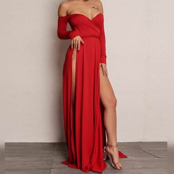 High Split Bardot Surplice Dress - Picture 4 of 8